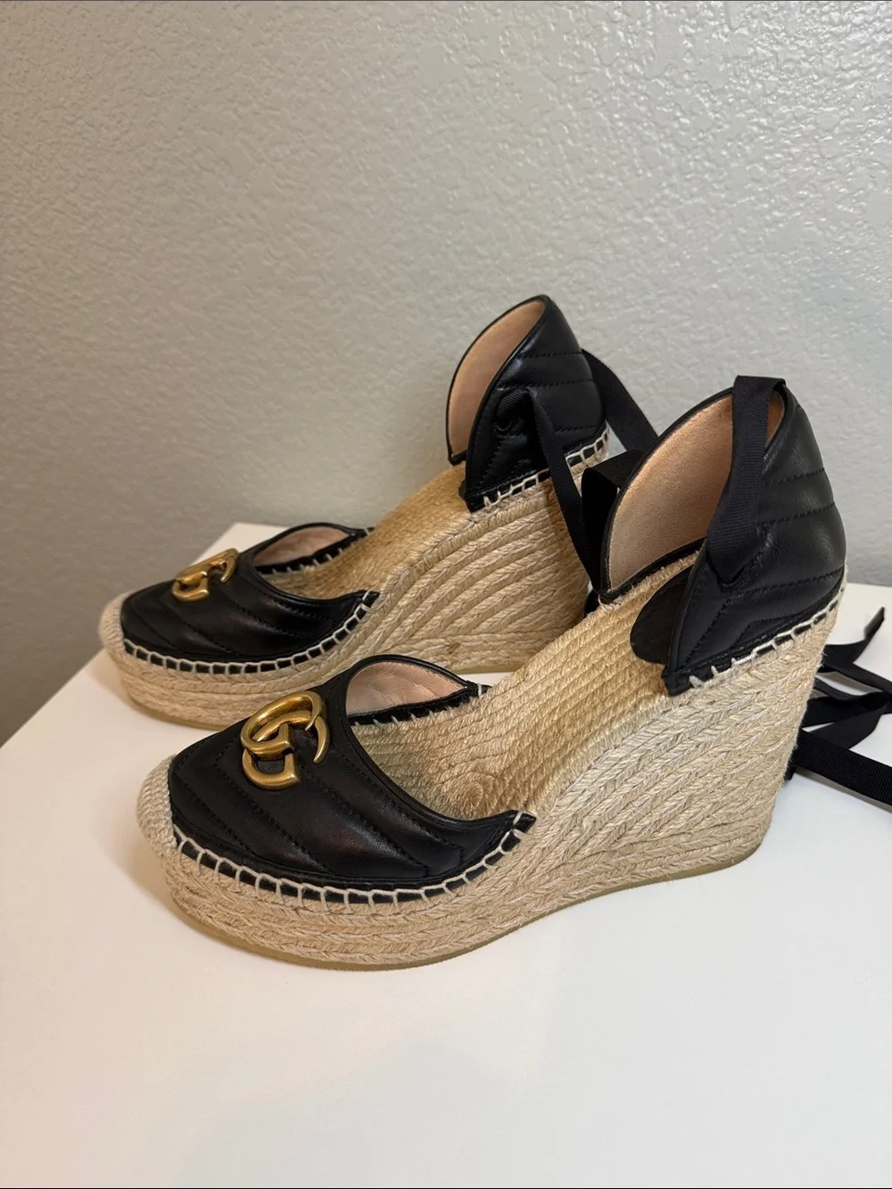 Gucci Black Leather GG Espadrille Wedges with Ribbon Ties